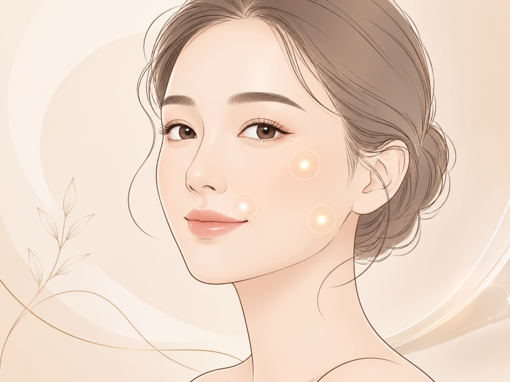 힐로웨이브 추천 부위(중안부·팔자)를 표시한 얼굴 일러스트