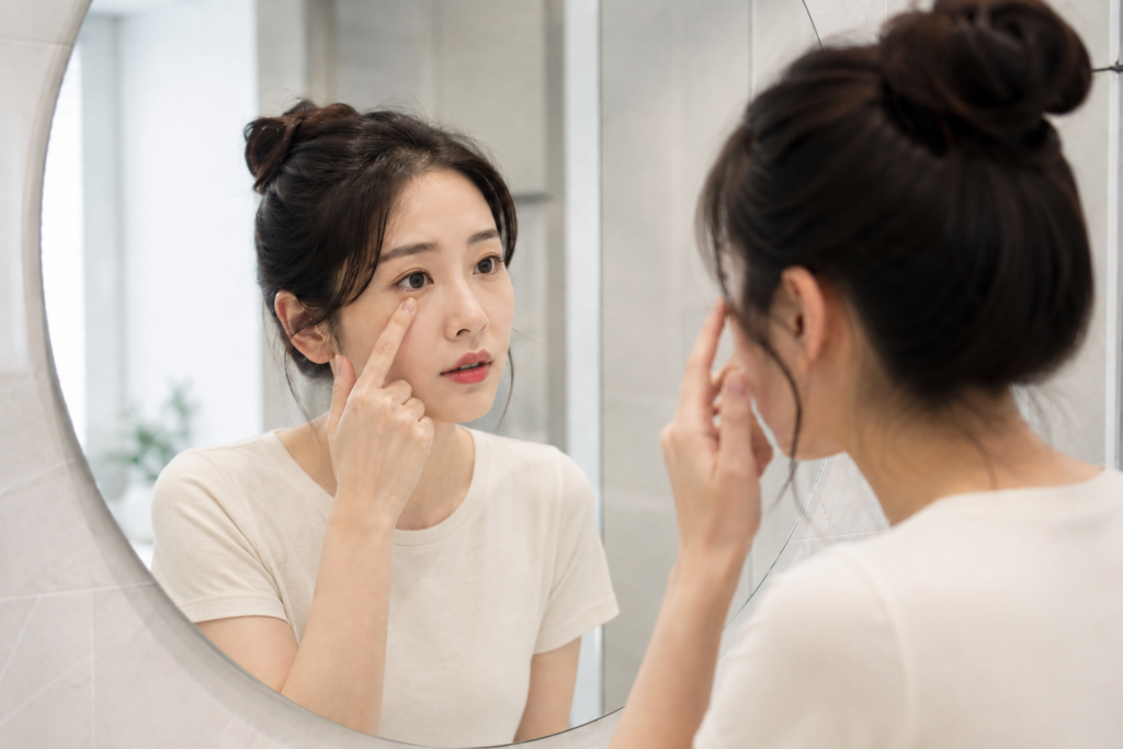 거울 보면서 애교필러 후회할까 고민하는 중인 여자