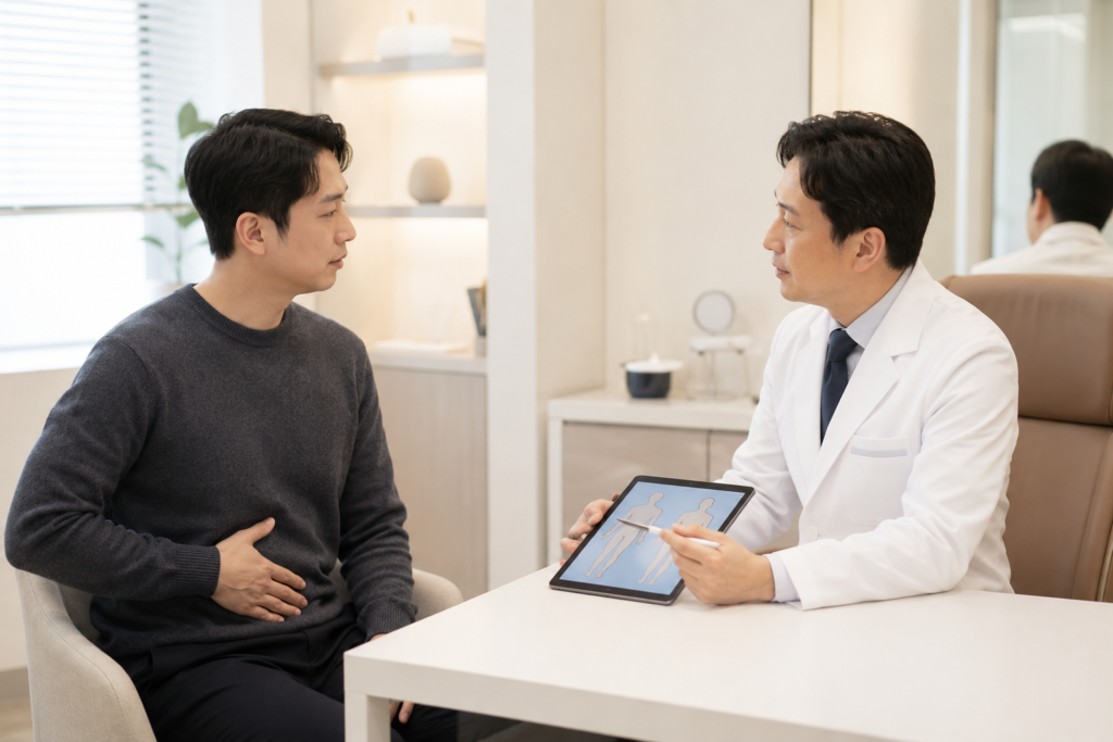 남성 복부 지방분해주사 시술을 상담받는 모습