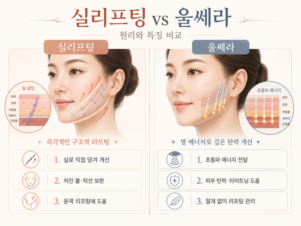 실리프팅 vs 울쎄라 원리와 특징 비교 장면