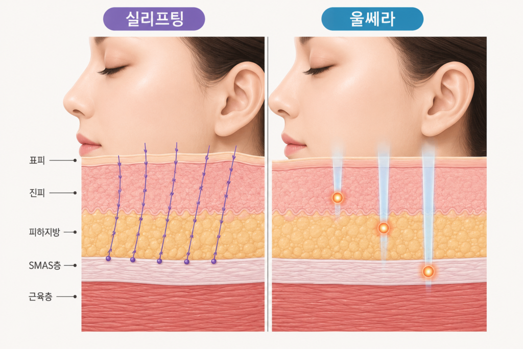 실리프팅 vs 울쎄라를 비교하는 피부 단면 사진