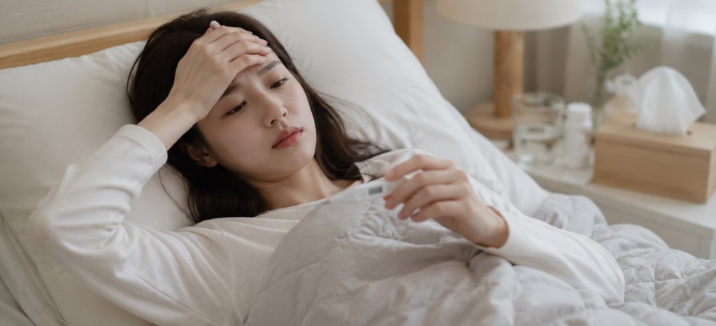 실리프팅 부작용으로 열나서 누워있는 여성