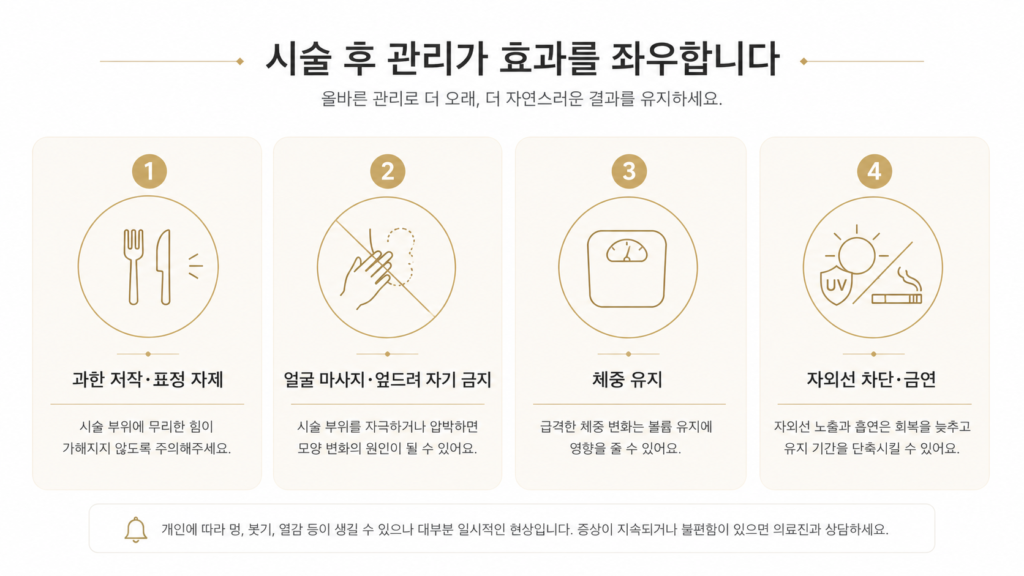 실리프팅 시술 후 관리 항목 4가지 안내 인포그래픽