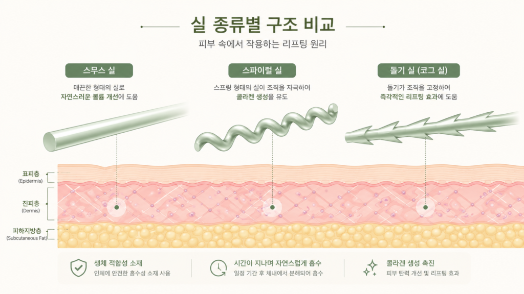 실리프팅 실 형태 비교 모노 스크류 코그 구조 일러스트