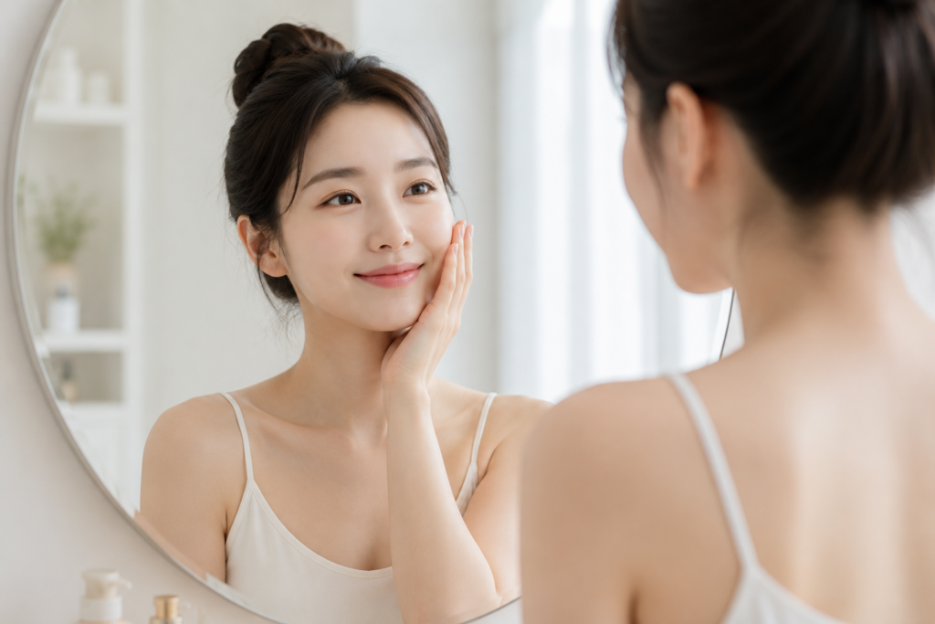 실리프팅 후 거울보면서 체크하고 있는 여성