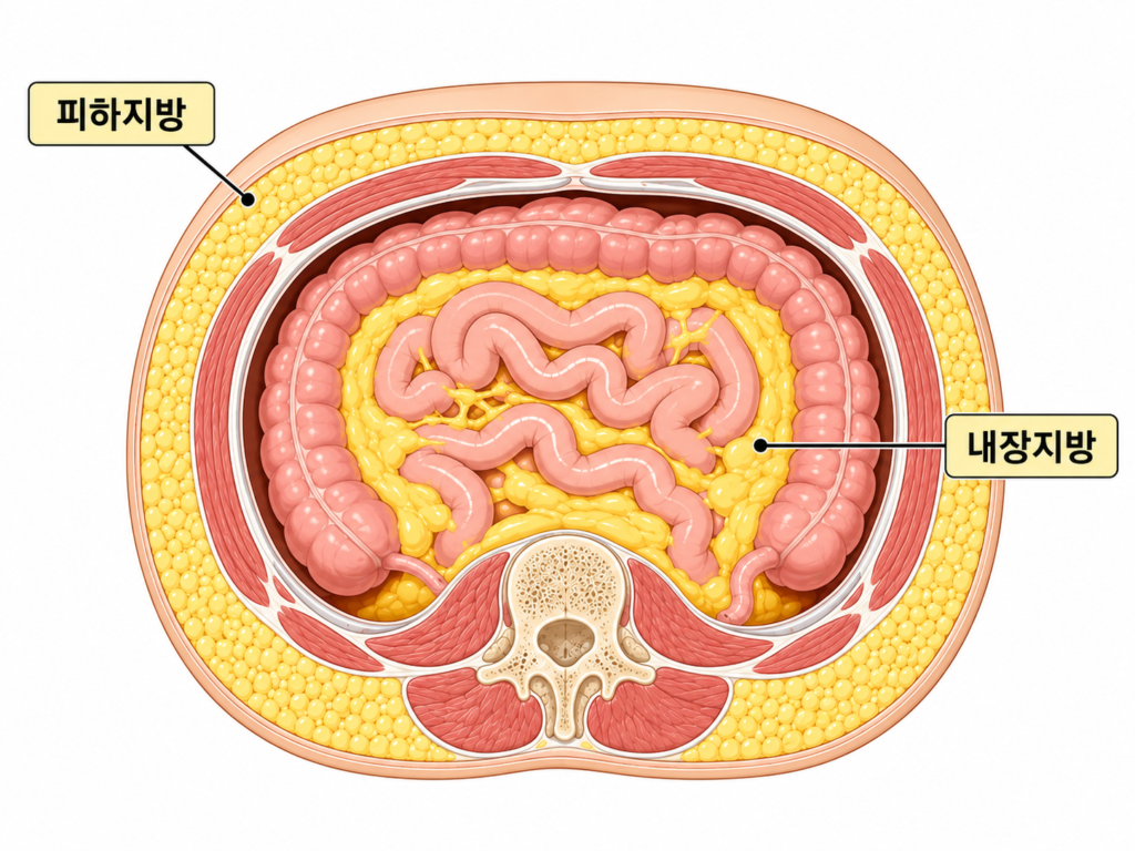 피하지방과 내장지방 위치 차이를 보여주는 복부 단면 도식