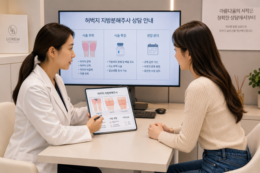 허벅지 지방분해주사 상담받는 장면