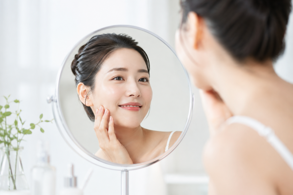 힐로웨이브 후 거울을 보면서 웃는 여자