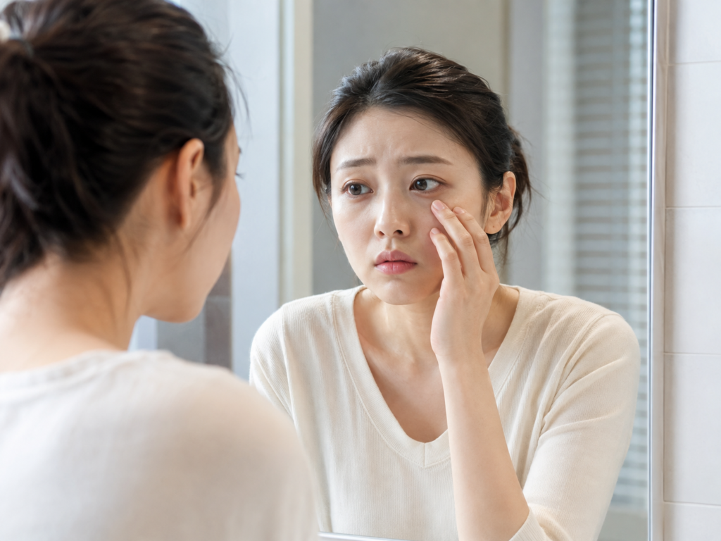 눈밑꺼짐으로 시술을 고민하는 여성 이미지