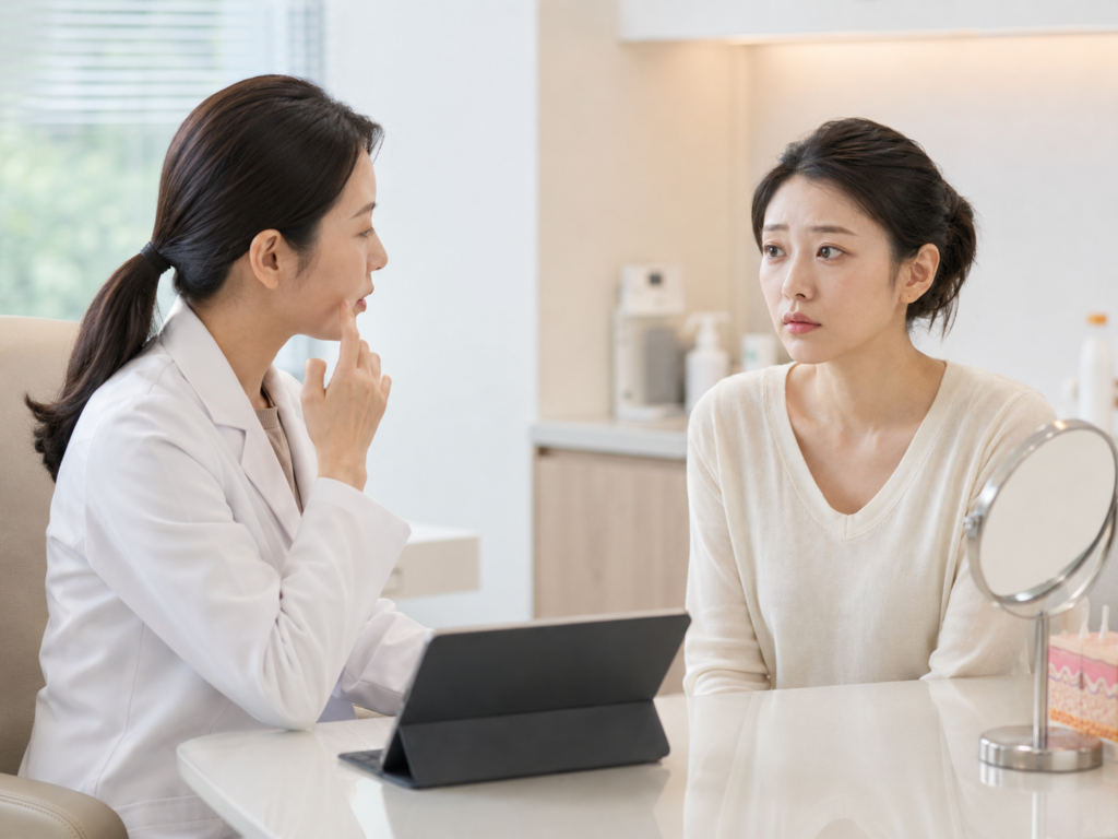 눈밑꺼짐으로 피부과에서 눈밑필러 상담받는 여성 이미지