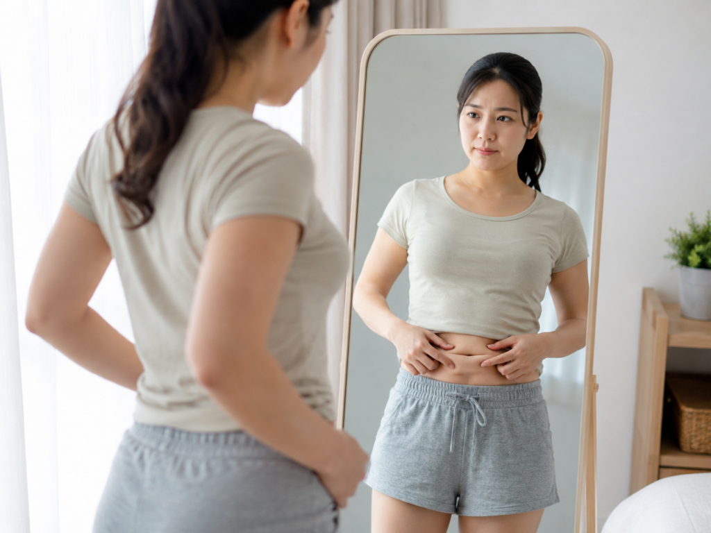 살이 쪄서 지방분해주사를 고민하고 있는 여성 이미지