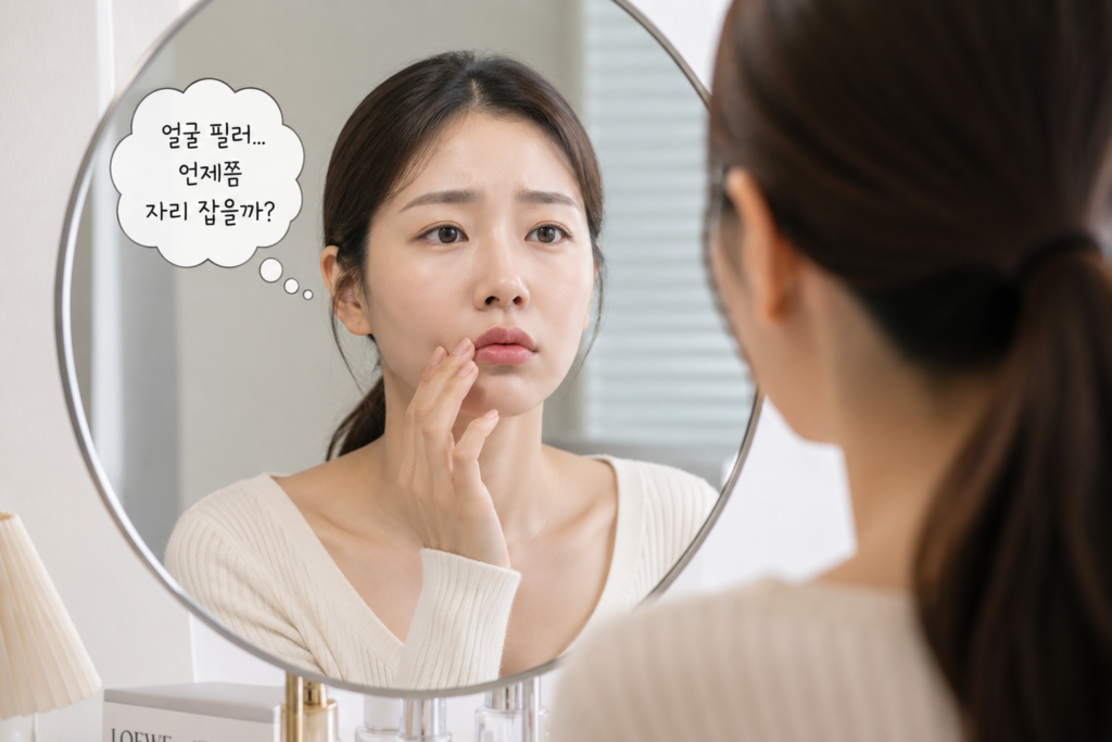 얼굴필러 후 자리잡는 기간에 대해서 고민하고 있는 여성 이미지