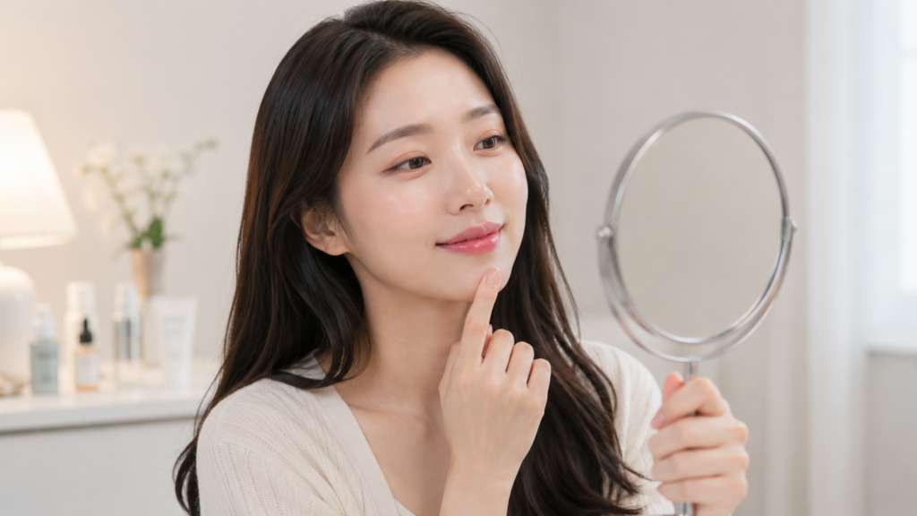 입술필러 맞고 집에서 만족하는 여성이미지