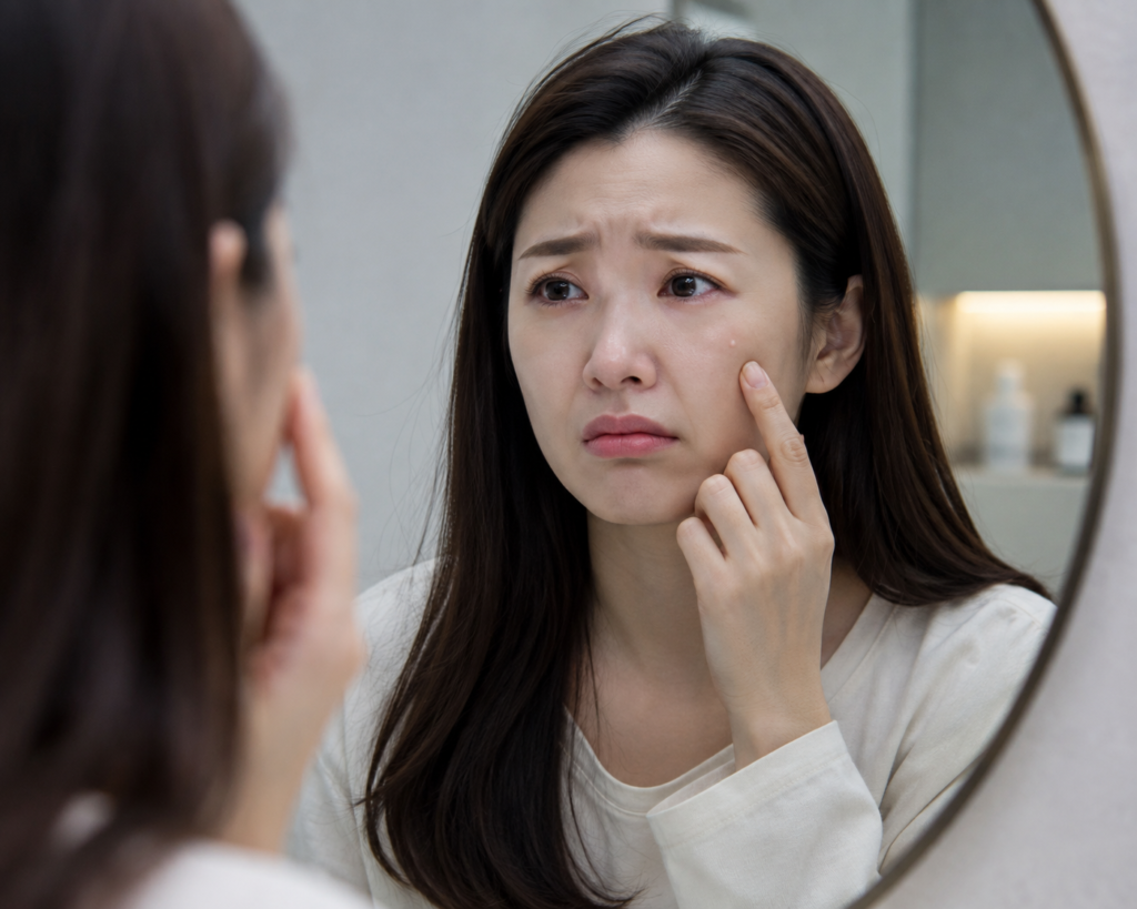 힐로웨이브 시술  후 결절이 생겨서 울상인 여성