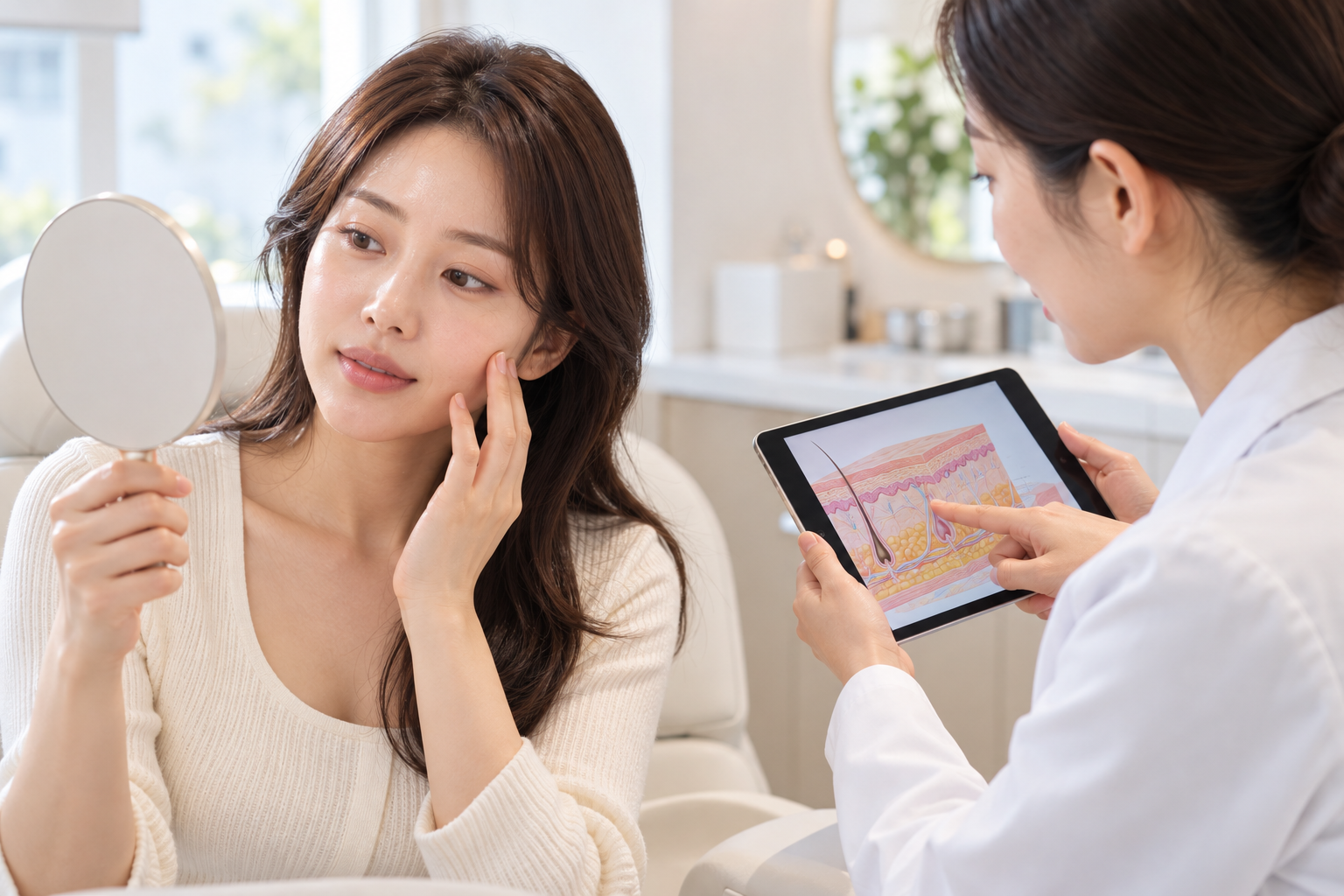 스킨부스터 콜라겐부스터 차이를 비교 상담받는 한국인 여성