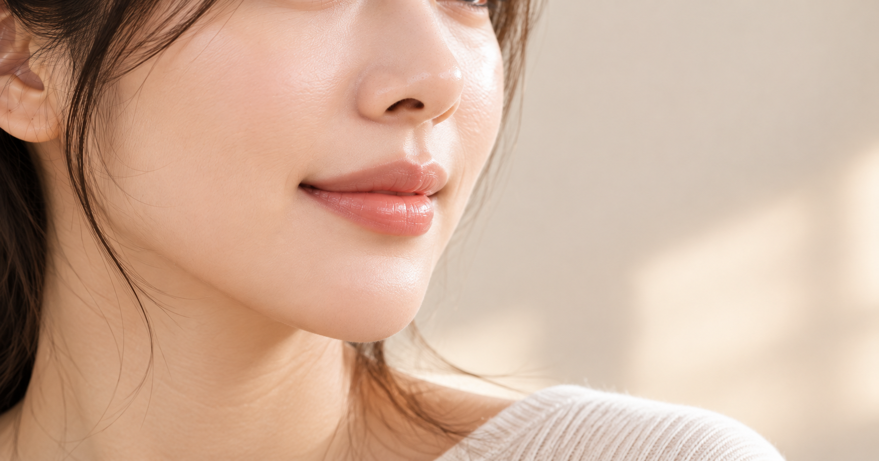 자연스러운 입술필러로 은은하게 미소 짓는 한국인 여성